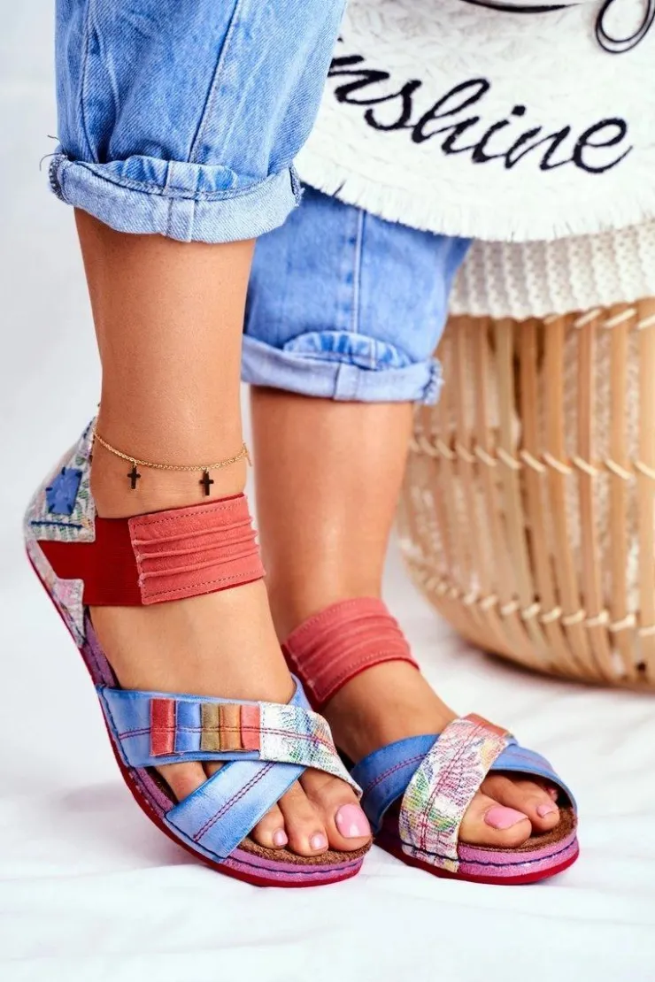 Maciejka Sandały Płaskie*Skórzane Sandały Ze Ściągaczem 03375 Wielokolorowe