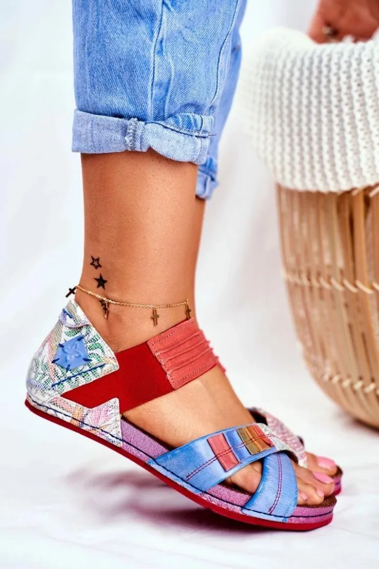 Maciejka Sandały Płaskie*Skórzane Sandały Ze Ściągaczem 03375 Wielokolorowe
