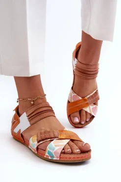 Maciejka Sandały Płaskie*Skórzane Sandały Ze Ściągaczem 03375-26 Pomarańczowe