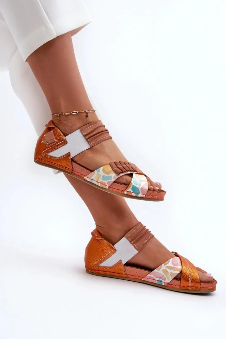 Maciejka Sandały Płaskie*Skórzane Sandały Ze Ściągaczem 03375-26 Pomarańczowe