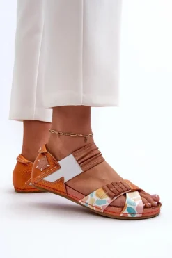 Maciejka Sandały Płaskie*Skórzane Sandały Ze Ściągaczem 03375-26 Pomarańczowe