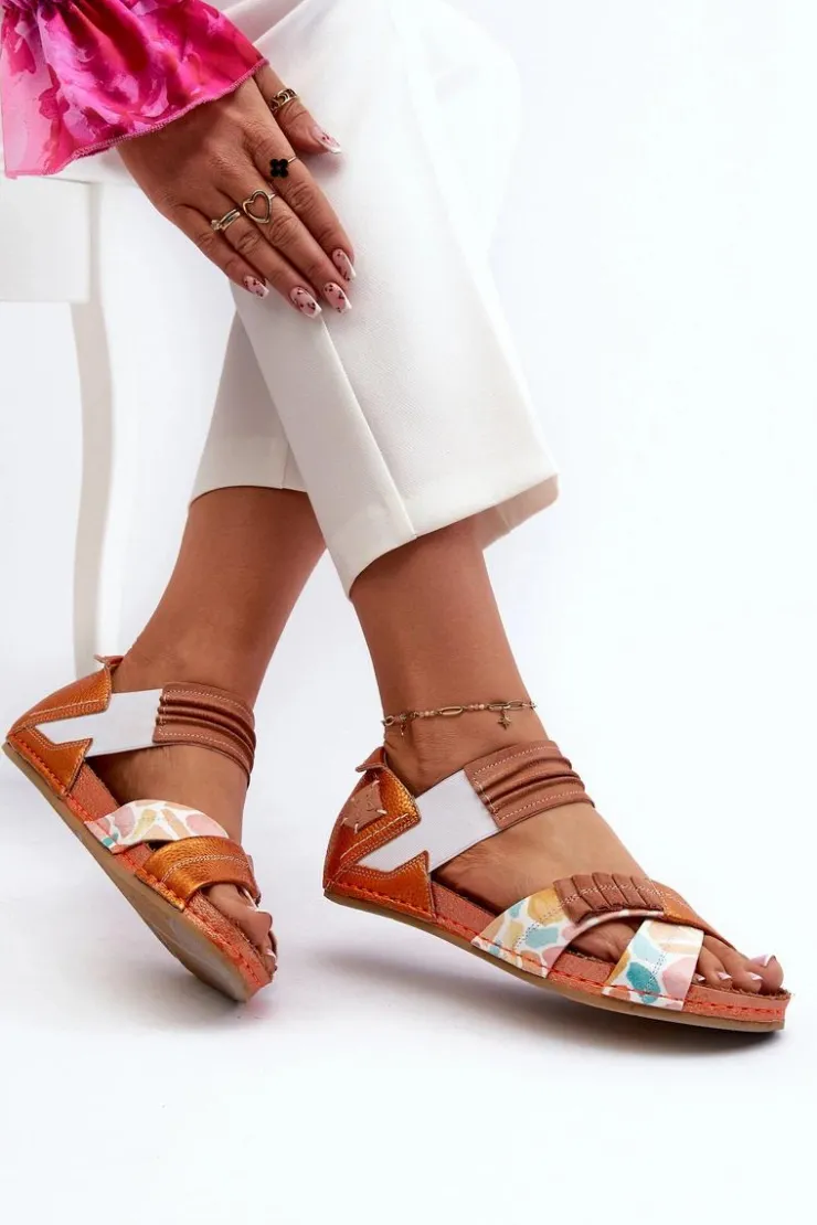 Maciejka Sandały Płaskie*Skórzane Sandały Ze Ściągaczem 03375-26 Pomarańczowe