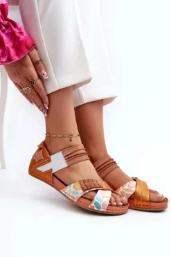 Maciejka Sandały Płaskie*Skórzane Sandały Ze Ściągaczem 03375-26 Pomarańczowe