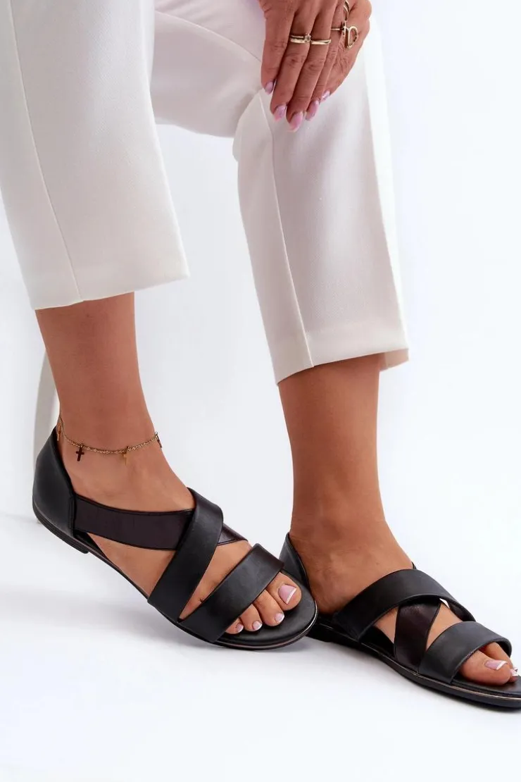 Evento Sandały Płaskie*Skórzane Sandały Ze Ściągaczem Czarne Apulia Czarny