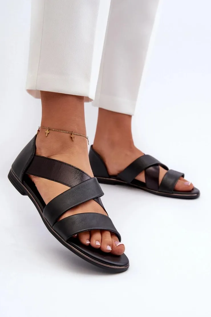 Evento Sandały Płaskie*Skórzane Sandały Ze Ściągaczem Czarne Apulia Czarny