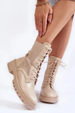 Boto Botki Wiosenne|Damskie Trapery*Skórzane Skarpetkowe Botki Sznurowane Jasnobeżowe Riston