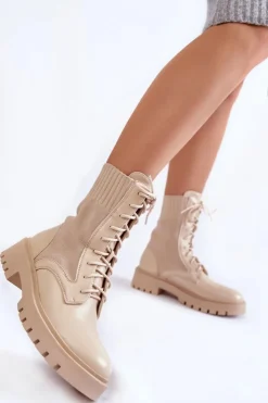 Boto Botki Wiosenne|Damskie Trapery*Skórzane Skarpetkowe Botki Sznurowane Jasnobeżowe Riston