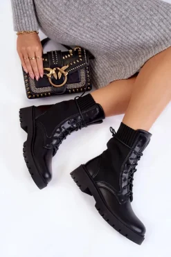 Outlet Boto Skórzane Skarpetkowe Botki Sznurowane Czarne Riston