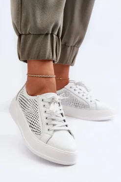 Sale Damskie buty S.Barski Skórzane Sneakersy Damskie Na Platformie Białe S.Barski LR505