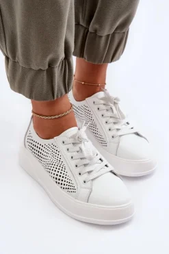 Sale Damskie buty S.Barski Skórzane Sneakersy Damskie Na Platformie Białe S.Barski LR505