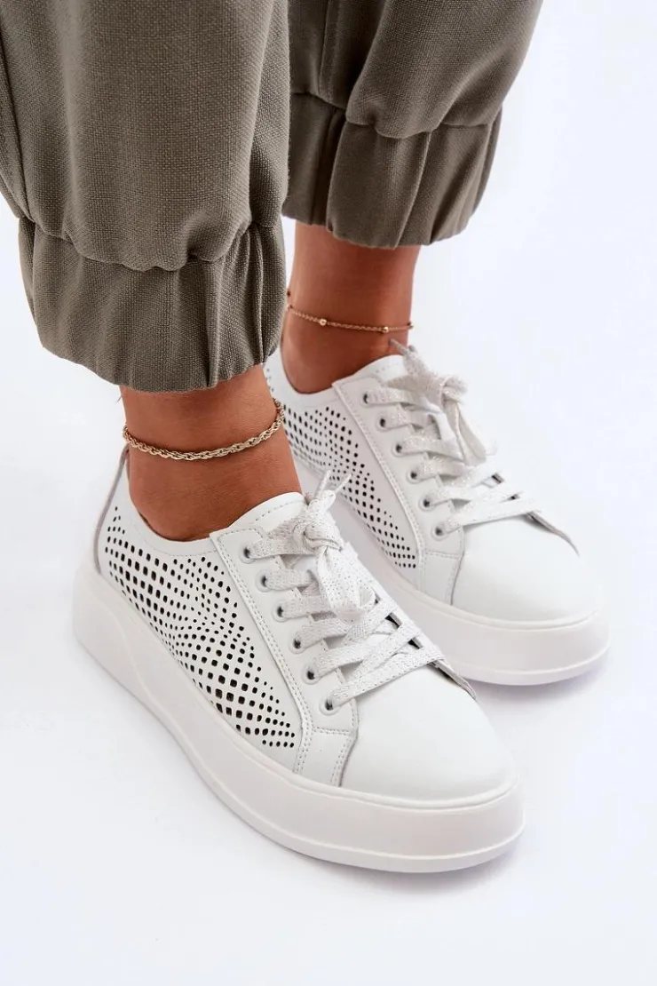 Sale Damskie buty S.Barski Skórzane Sneakersy Damskie Na Platformie Białe S.Barski LR505