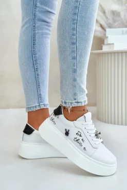 New Buty damskie Vinceza Skórzane Sneakersy Damskie Na Platformie Z Przypinkami I Napisem Vinceza 89102 Białe Biały