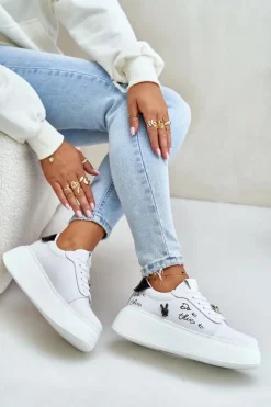 New Buty damskie Vinceza Skórzane Sneakersy Damskie Na Platformie Z Przypinkami I Napisem Vinceza 89102 Białe Biały