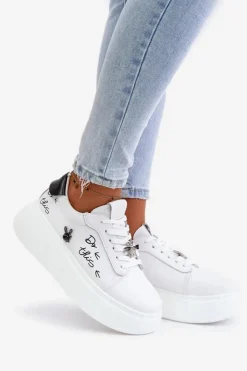 New Buty damskie Vinceza Skórzane Sneakersy Damskie Na Platformie Z Przypinkami I Napisem Vinceza 89102 Białe Biały