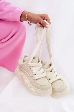 GOE Sneakersy Damskie*Skórzane Sneakersy Damskie Na Masywnej Platformie RR2N4043 Beżowe Beżowy