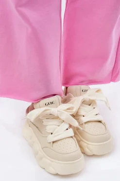 GOE Sneakersy Damskie*Skórzane Sneakersy Damskie Na Masywnej Platformie RR2N4043 Beżowe Beżowy