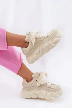 GOE Sneakersy Damskie*Skórzane Sneakersy Damskie Na Masywnej Platformie RR2N4043 Beżowe Beżowy