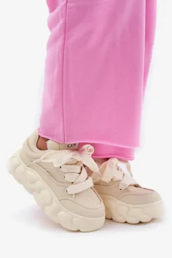 GOE Sneakersy Damskie*Skórzane Sneakersy Damskie Na Masywnej Platformie RR2N4043 Beżowe Beżowy