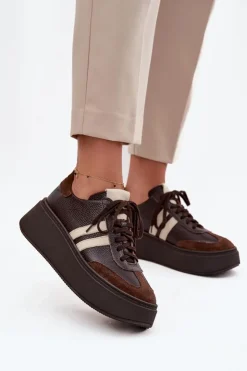 Damskie Zazoo Skórzane Sneakersy Damskie Na Platformie 3775 Czekoladowe