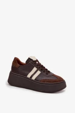 Damskie Zazoo Skórzane Sneakersy Damskie Na Platformie 3775 Czekoladowe