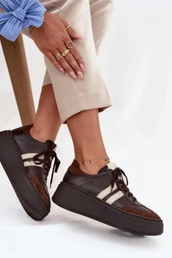 Damskie Zazoo Skórzane Sneakersy Damskie Na Platformie 3775 Czekoladowe