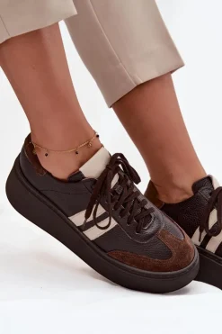 Damskie Zazoo Skórzane Sneakersy Damskie Na Platformie 3775 Czekoladowe