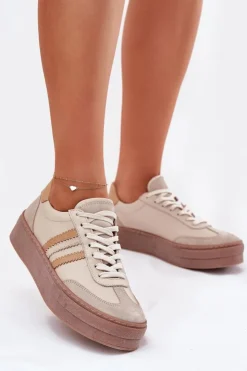 Clearance Zazoo Skórzane Sneakersy Damskie Na Platformie N1234 Beżowe Beżowy