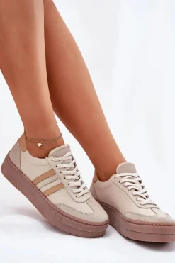 Clearance Zazoo Skórzane Sneakersy Damskie Na Platformie N1234 Beżowe Beżowy