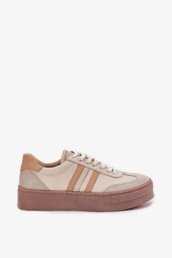 Clearance Zazoo Skórzane Sneakersy Damskie Na Platformie N1234 Beżowe Beżowy