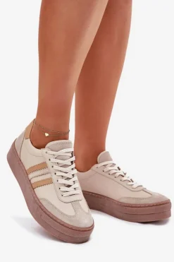 Clearance Zazoo Skórzane Sneakersy Damskie Na Platformie N1234 Beżowe Beżowy