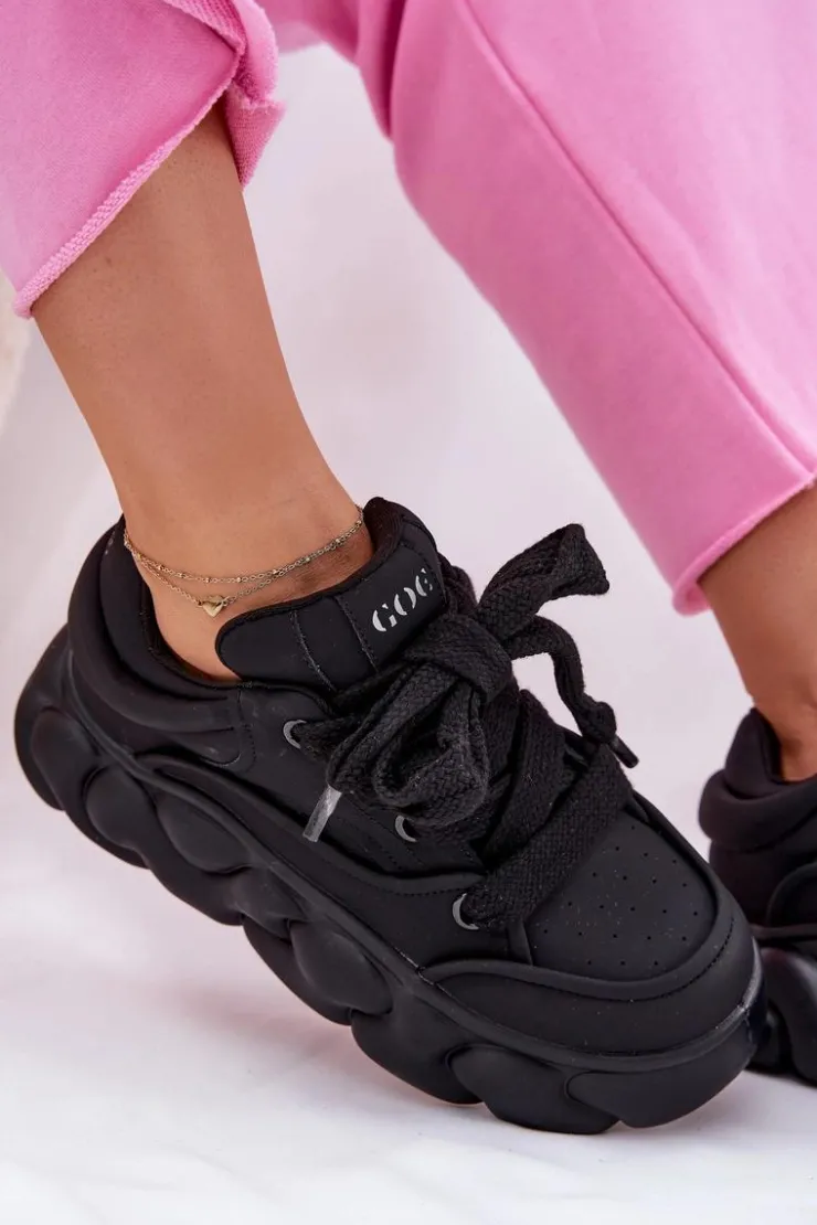 Clearance GOE Skórzane Sneakersy Damskie Na Masywnej Platformie RR2N4044 Czarne Czarny