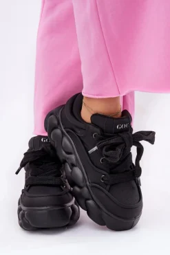 Clearance GOE Skórzane Sneakersy Damskie Na Masywnej Platformie RR2N4044 Czarne Czarny