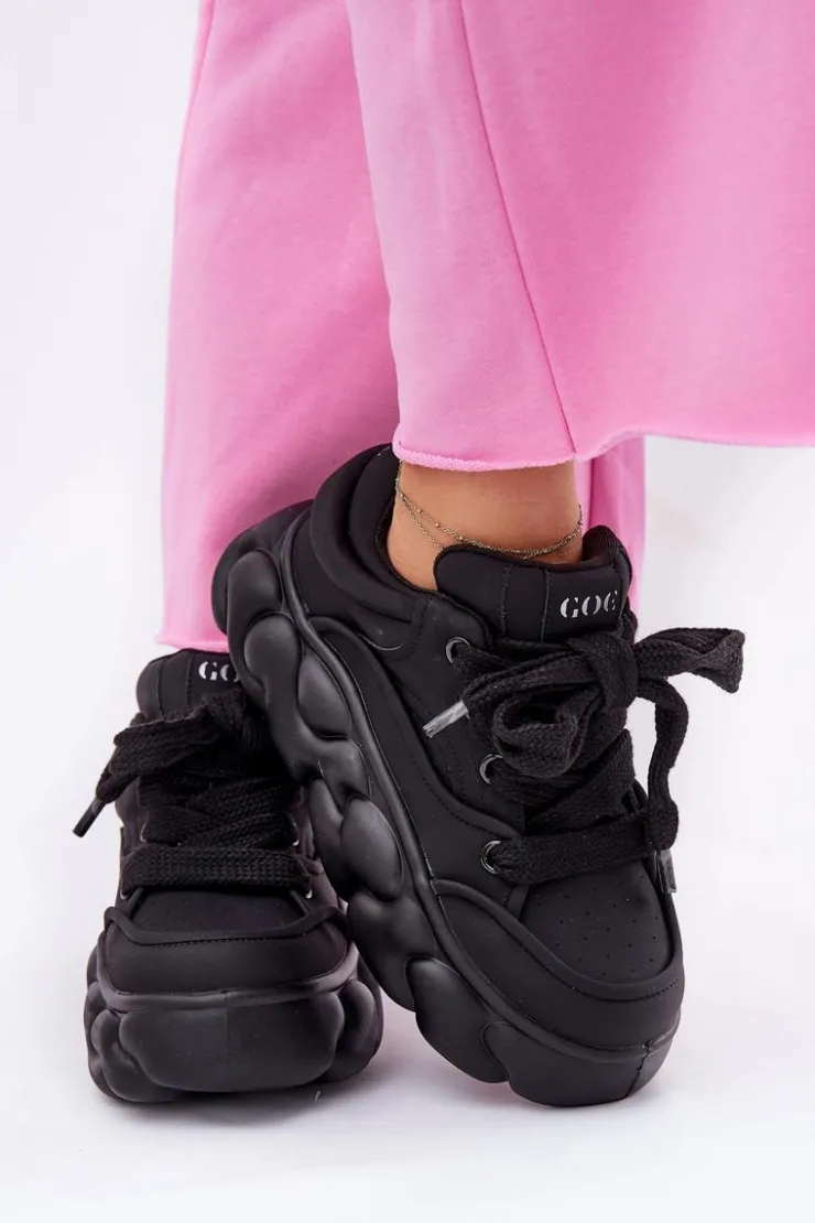 Clearance GOE Skórzane Sneakersy Damskie Na Masywnej Platformie RR2N4044 Czarne Czarny