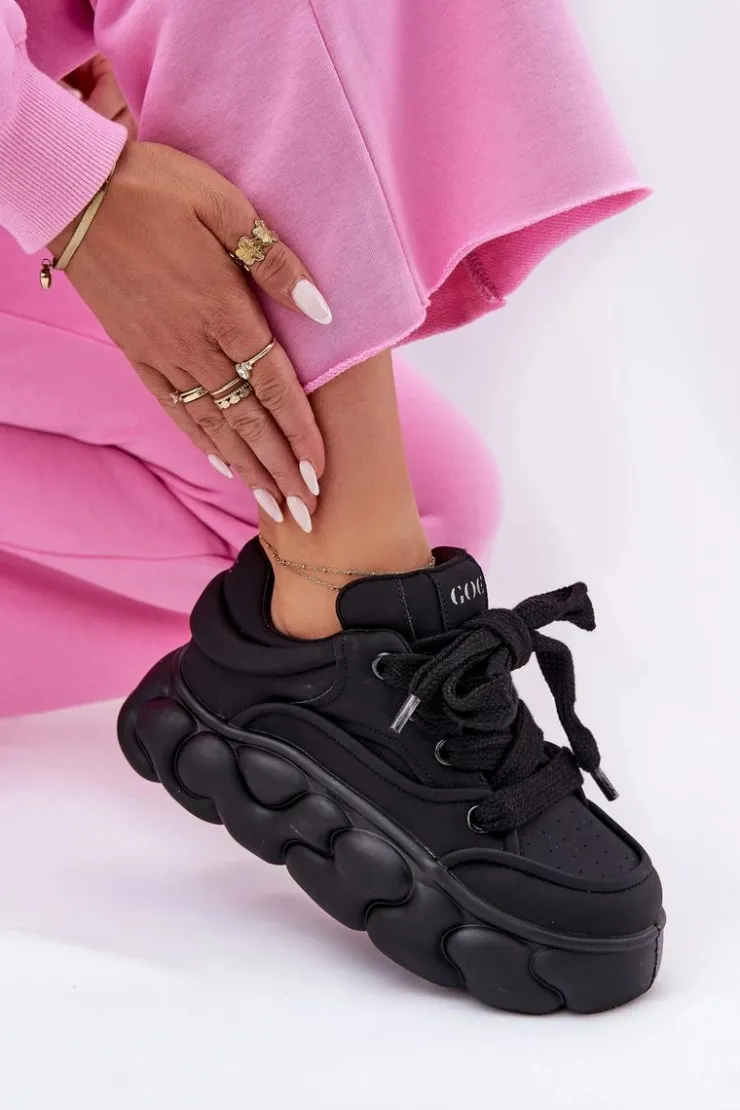 Clearance GOE Skórzane Sneakersy Damskie Na Masywnej Platformie RR2N4044 Czarne Czarny