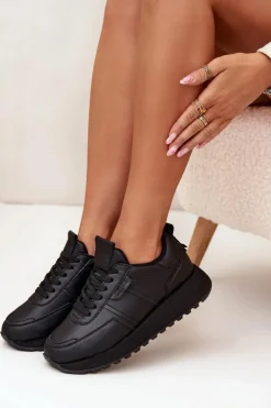 Sale Big Star Shoes Skórzane Sneakersy Damskie Na Platformie Big Star OO274573 Hi-Poly System Czarne