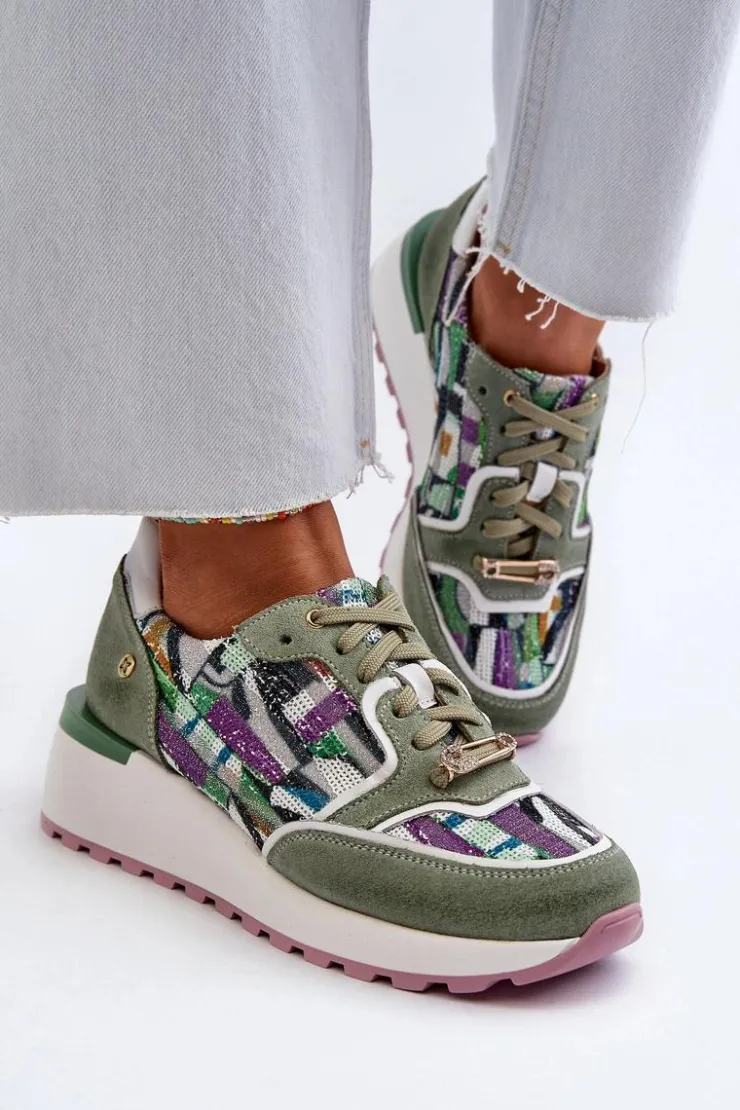 Damskie Maciejka Skórzane Sneakersy Damskie Na Platformie 06390-09 Seledynowe