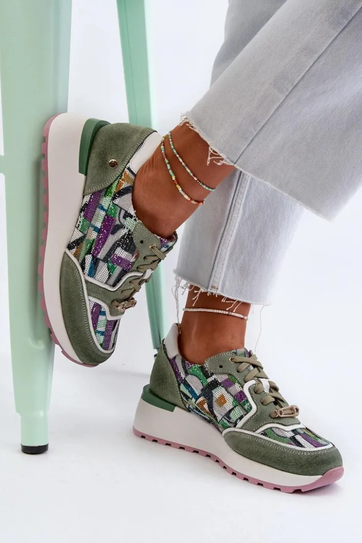 Damskie Maciejka Skórzane Sneakersy Damskie Na Platformie 06390-09 Seledynowe