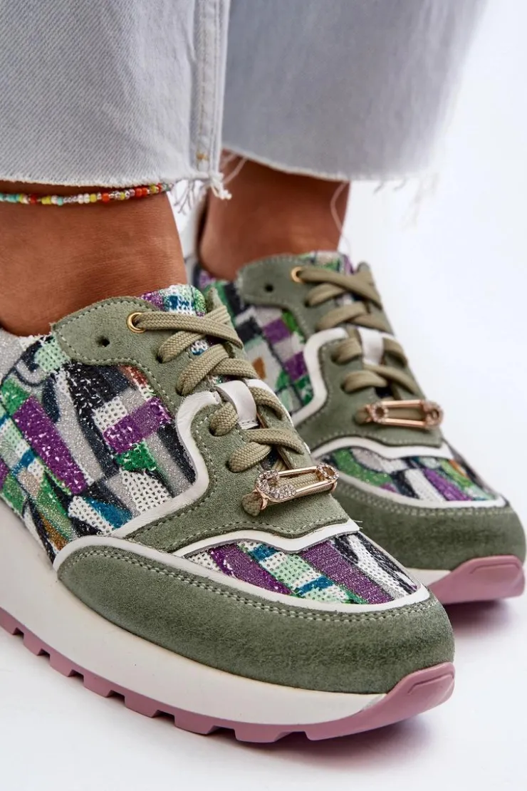 Damskie Maciejka Skórzane Sneakersy Damskie Na Platformie 06390-09 Seledynowe