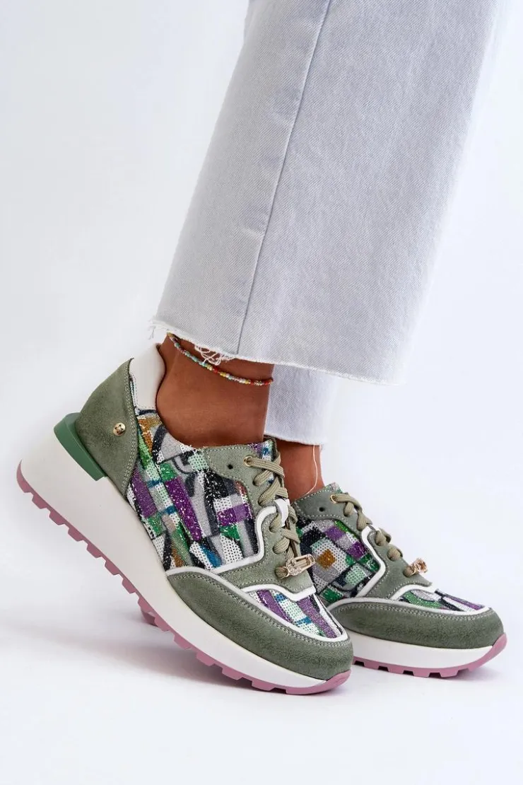 Damskie Maciejka Skórzane Sneakersy Damskie Na Platformie 06390-09 Seledynowe