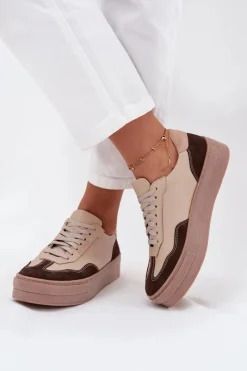 Sale Zazoo Skórzane Sneakersy Damskie Na Platformie N1269S2 Beżowe Beżowy
