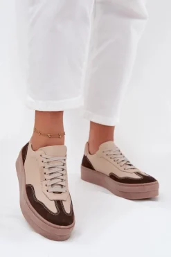 Sale Zazoo Skórzane Sneakersy Damskie Na Platformie N1269S2 Beżowe Beżowy