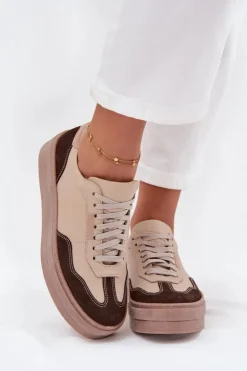 Sale Zazoo Skórzane Sneakersy Damskie Na Platformie N1269S2 Beżowe Beżowy