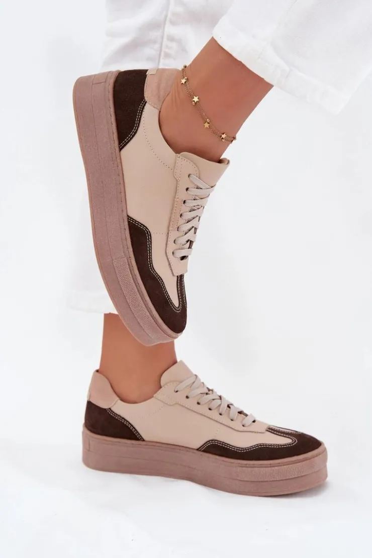 Sale Zazoo Skórzane Sneakersy Damskie Na Platformie N1269S2 Beżowe Beżowy