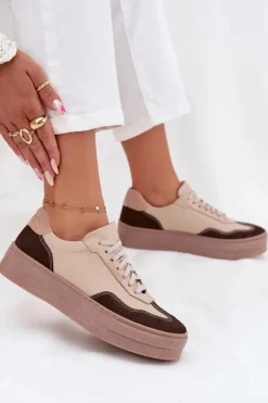 Sale Zazoo Skórzane Sneakersy Damskie Na Platformie N1269S2 Beżowe Beżowy