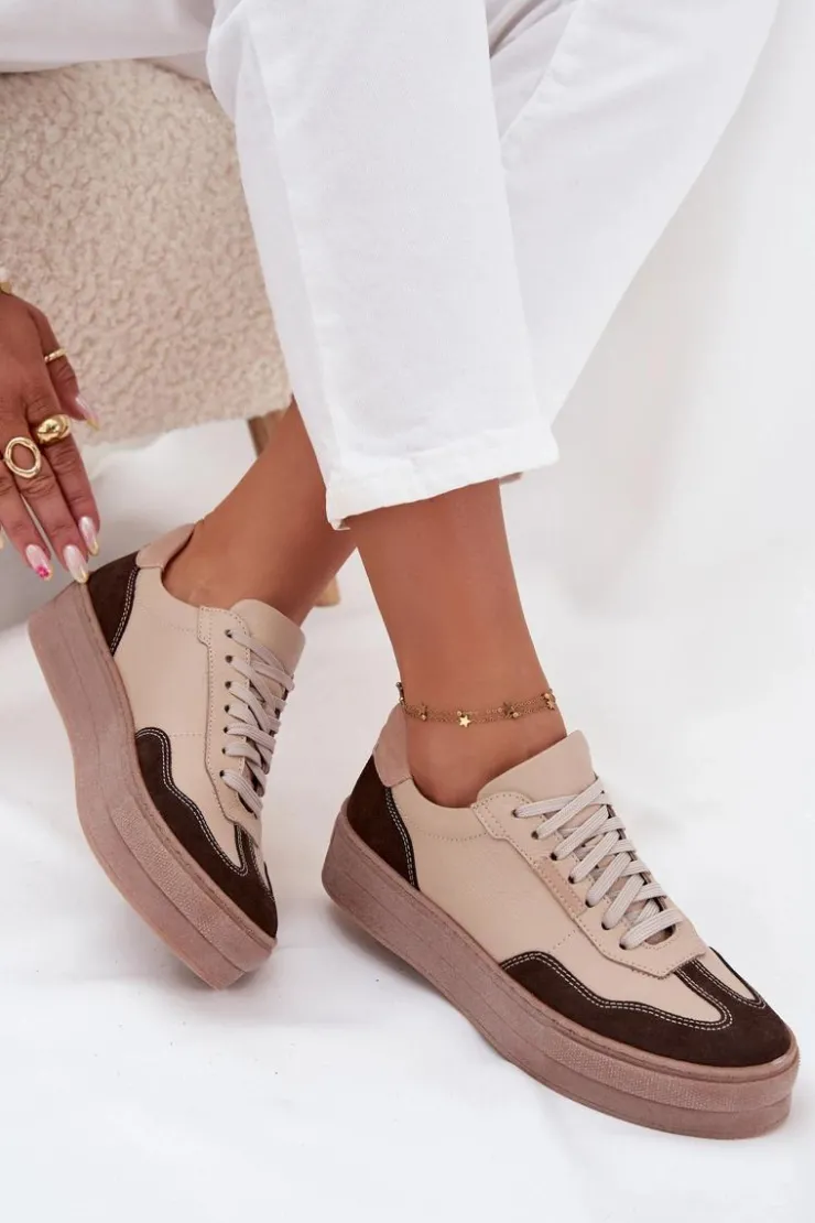 Sale Zazoo Skórzane Sneakersy Damskie Na Platformie N1269S2 Beżowe Beżowy