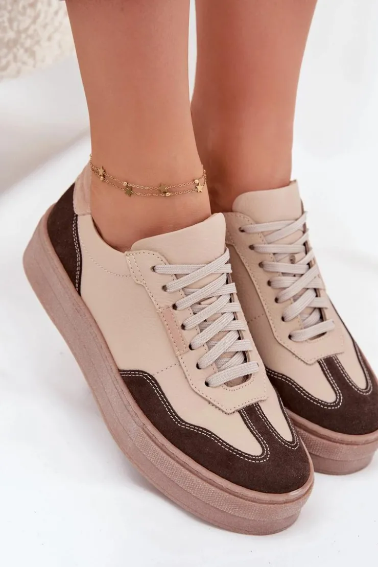 Sale Zazoo Skórzane Sneakersy Damskie Na Platformie N1269S2 Beżowe Beżowy