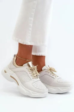 Online Evento Skórzane Sneakersy Damskie Na Grubej Podeszwie Biało-Złote Dzumati