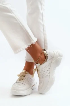Online Evento Skórzane Sneakersy Damskie Na Grubej Podeszwie Biało-Złote Dzumati