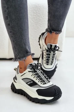 Damskie Big Star Shoes Skórzane Sneakersy Damskie Na Platformie Big Star OO274A220 HI-POLY SYSTEM Biało-Czarne