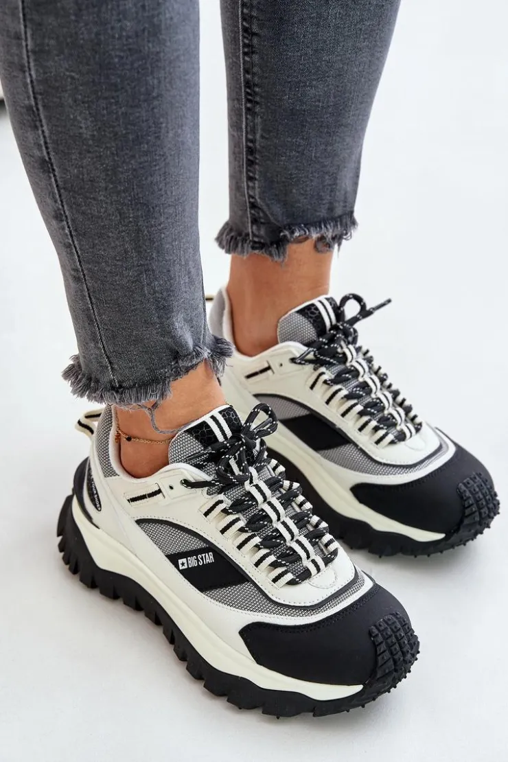 Damskie Big Star Shoes Skórzane Sneakersy Damskie Na Platformie Big Star OO274A220 HI-POLY SYSTEM Biało-Czarne